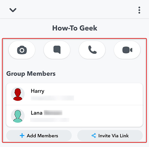 Snapchat group management options.