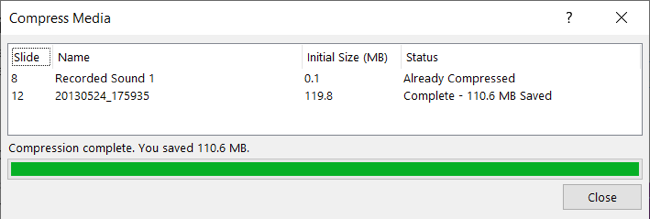 Compression progress and complete dialog box