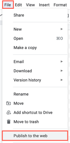 Select File, Publish to Web