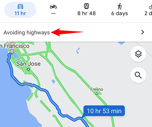 Directions without highways on Google Maps.