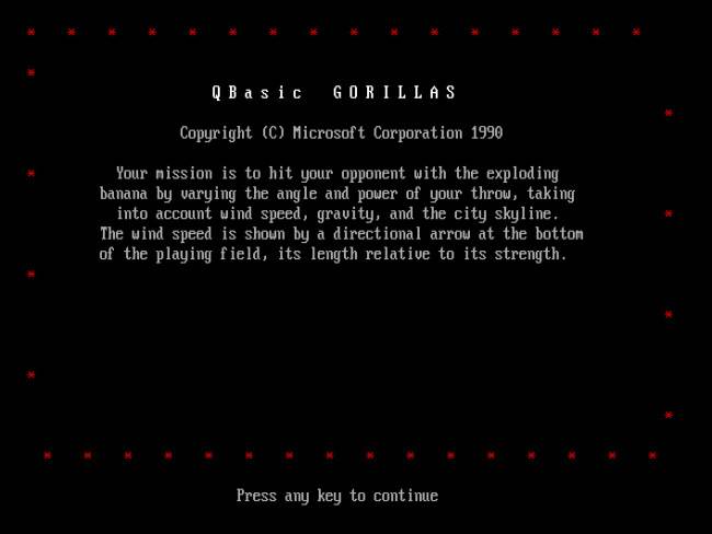 The Microsoft Gorillas title screen.