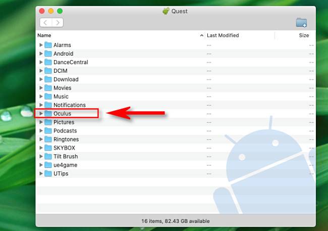 In Android File Transfer, open the "Oculus" folder.