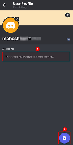 Update "About Me" and tap the floppy disk icon.