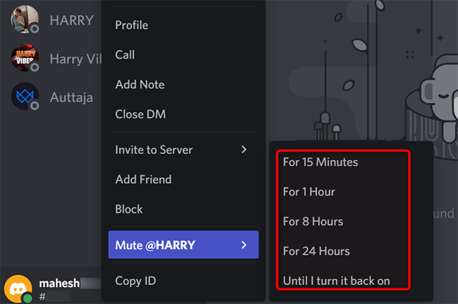 Select a mute duration.