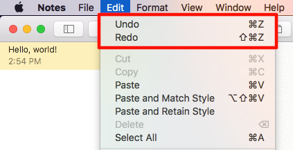 Click Edit followed by Undo or Redo.