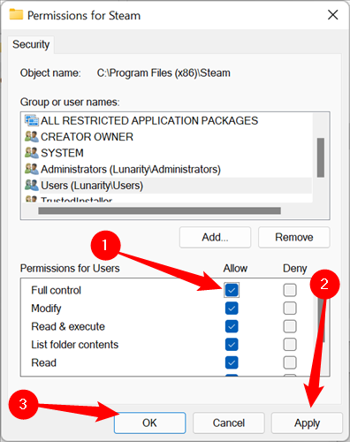 Tick "Full Control," click "Apply," and then click "OK" to close the Window.