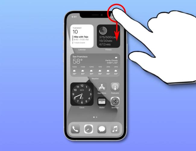 Open Control Center on iPhone 11 or iPhone 12 by swiping down from the upper-right corner of the screen.