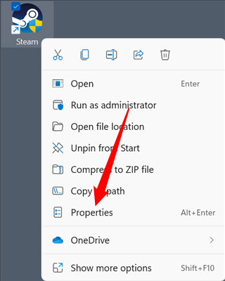 Right-click the Steam icon, then click "Properties."