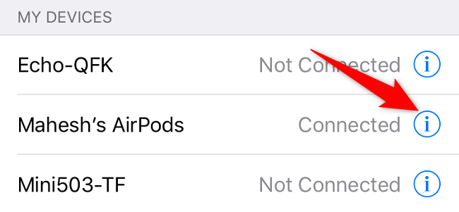 Tap "i" next to the AirPods.
