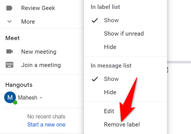 Click "Remove Label" in the menu.