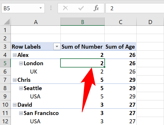 Click a cell in a PivotTable.