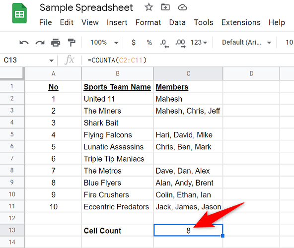 The result of the COUNTA function.