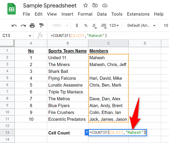 Type the COUNTIF function.