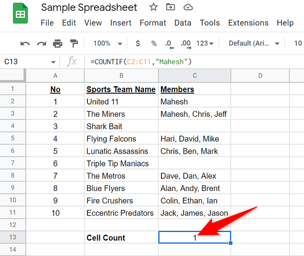 The result of the COUNTIF function.