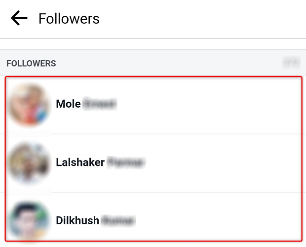 Facebook follower list on mobile.