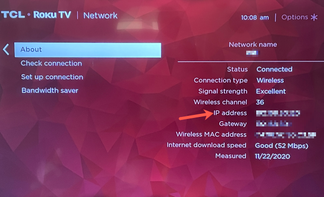 Roku settings showing the IP address