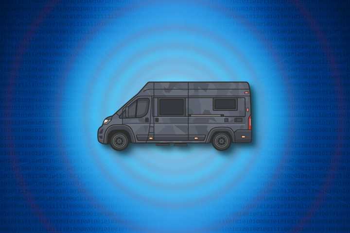 A black surveillance van illustration on a blue background.
