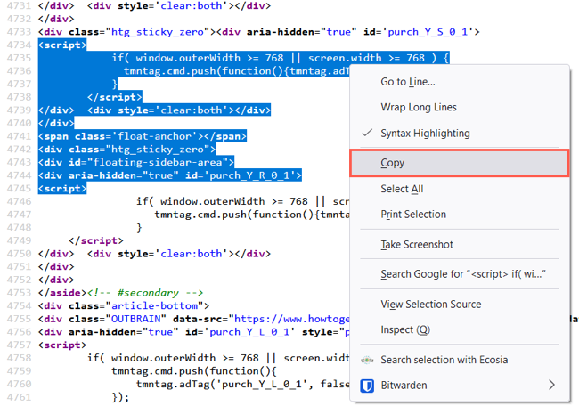 Copy in the shortcut menu