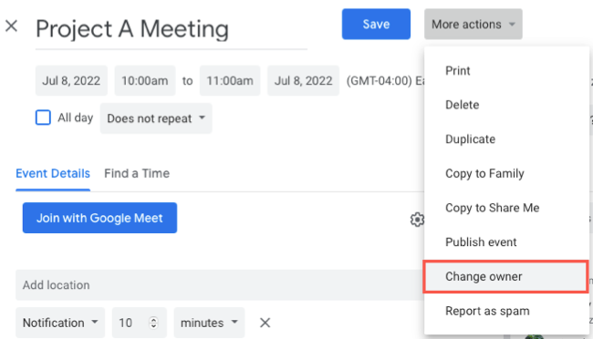 How to Change the Organizer on a Google Calendar Event