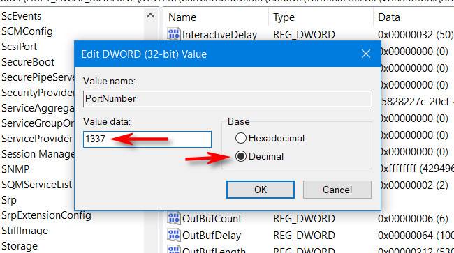 Select "Decimal," and type in the new RDP port number.
