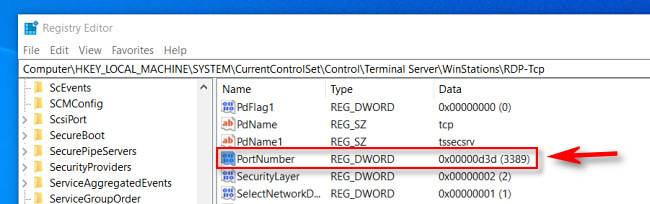 In Registry Editor, select "PortNumber."