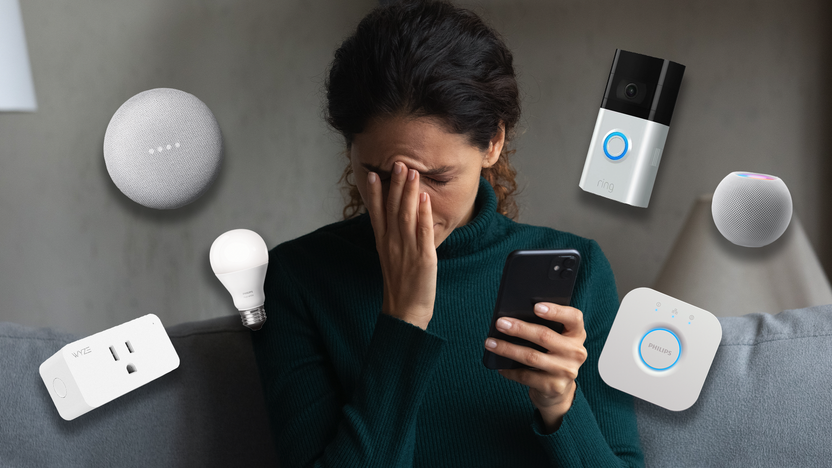 A woman looking frustrated surround by smart home tech.