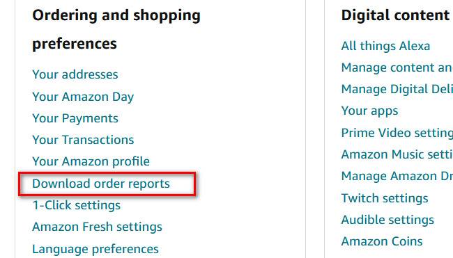 A screenshot of the Ordering and Shopping Preferences menu on Amazon.