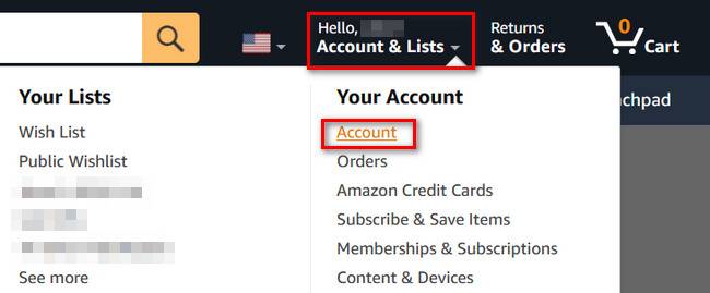 A screenshot showing how you get to the Amazon account page.