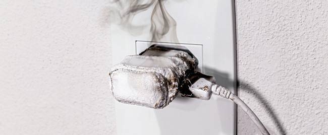 A hot, melting phone charger that is smoking