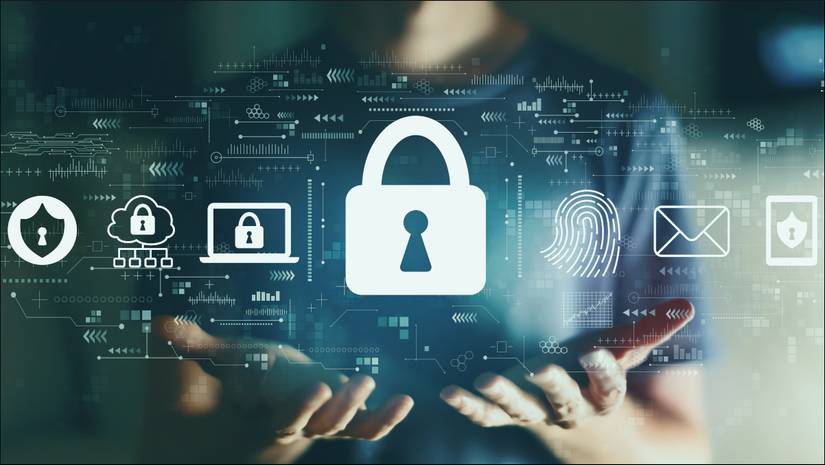 Графика с иконками кибербезопасности, изображение замка в воздухе