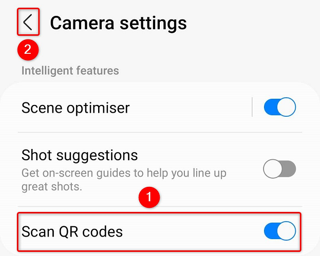 Samsung Galaxy camera settings QR code toggle