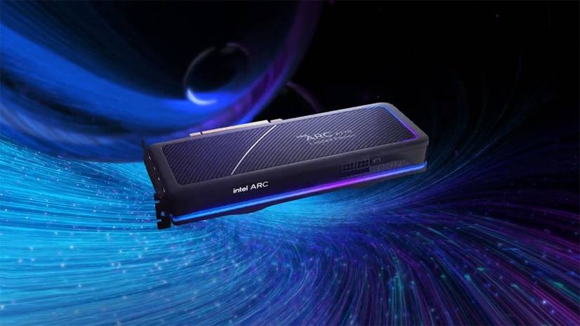 Intel Arc A770 graphics card on a blue and black background.