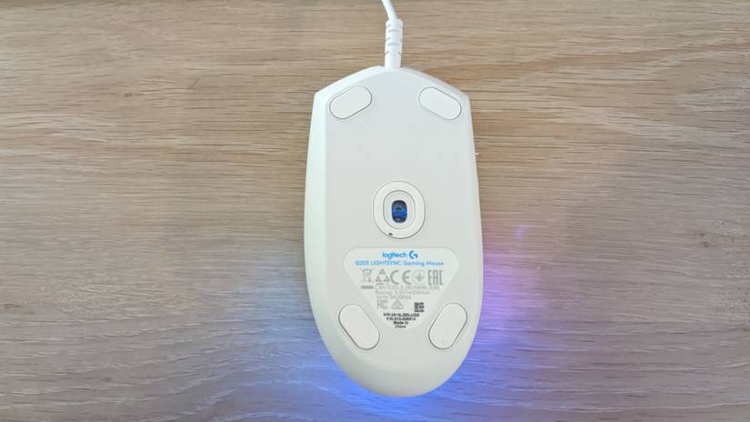 Logitech G203 gaming mouse showing the bottom of the mouse.