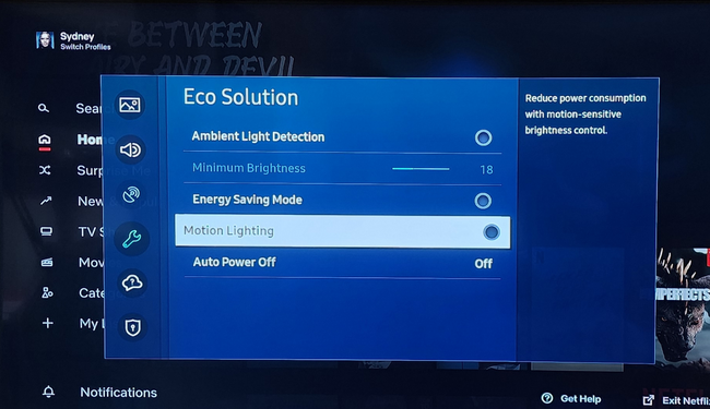 TV Eco Mode Display On Samsung TV.