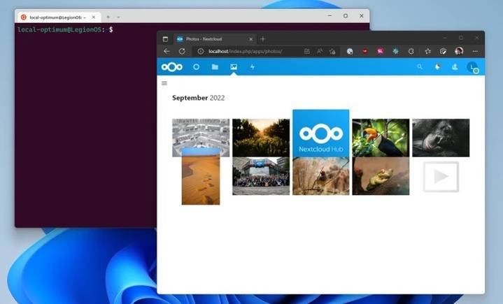 Screenshot of WSL2 and a browser with Nextcloud running