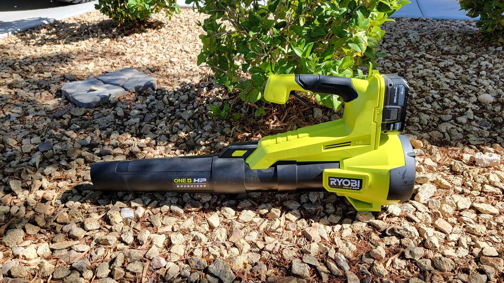 Ryobi leaf blower on leafy rocky