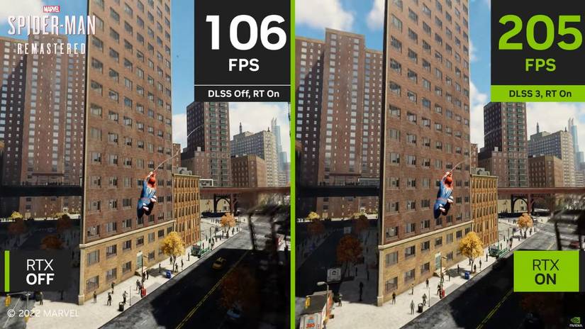 A performance comparison of Spider-Man Remastered running with DLSS 3 on and off.
