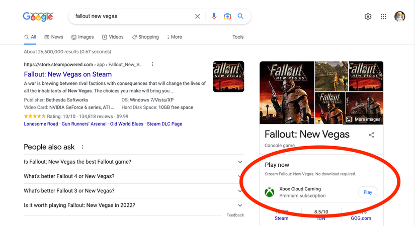 Fallout Google Google Search Will Show You Cloud Games, but Not on Stadia