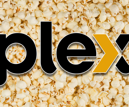 The Plex logo in front of popcorn.