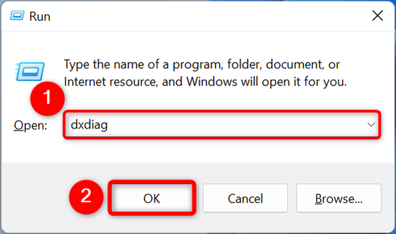 Введите "dxdiag" и нажмите "ОК".