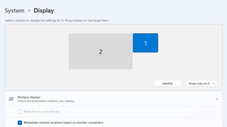 Diagrama de monitores conectados ao Win 11 mostrando dois monitores