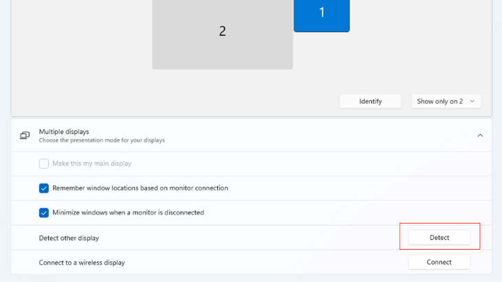 Кнопка обнаружения дисплеев в Windows 11