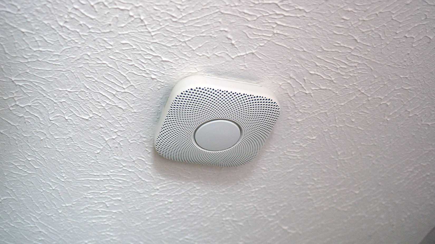 The Nest Protect 2nd Gen Smart Smoke Detector on a ceiling.