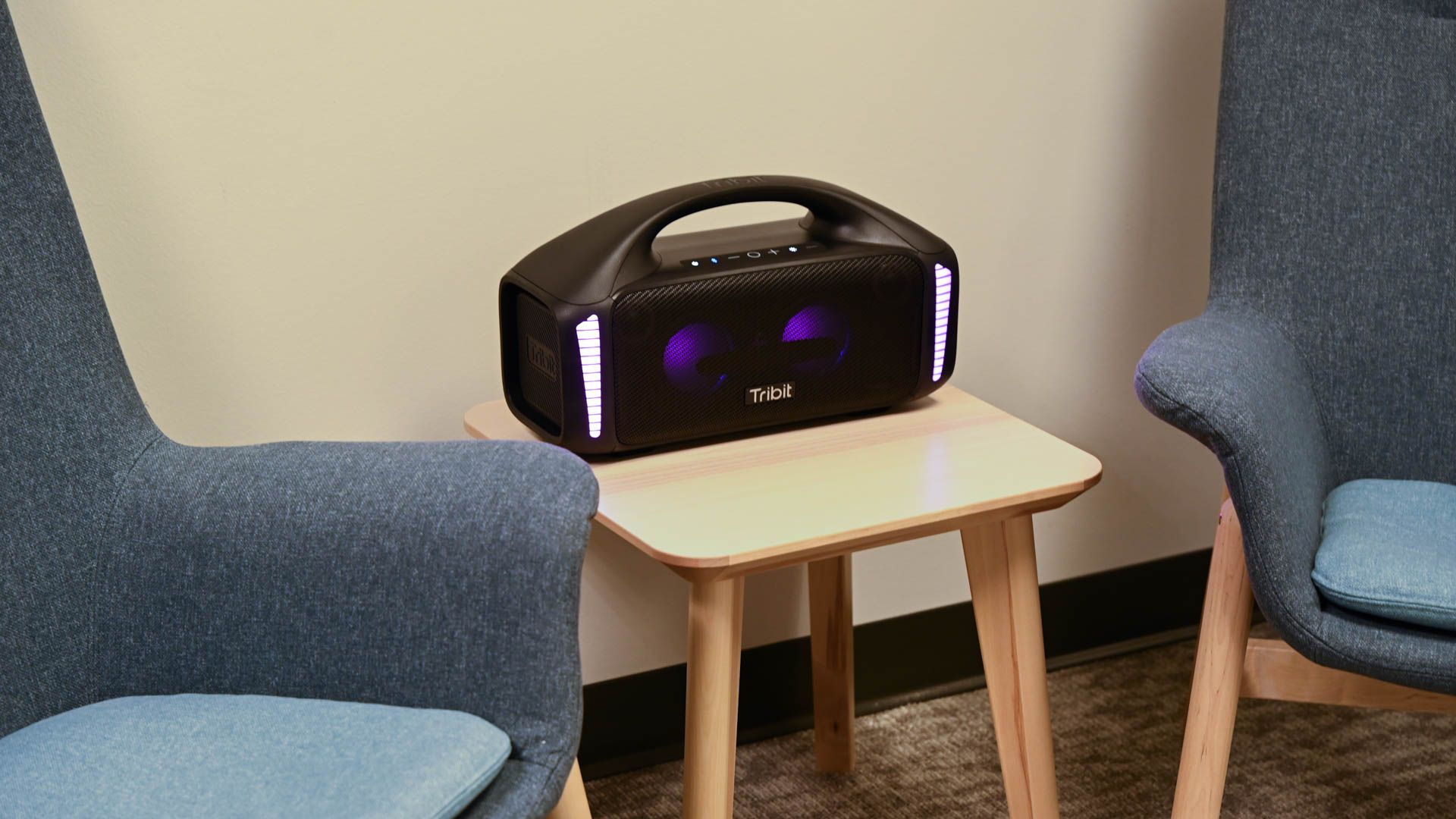 TriBit StormBox Blast Speaker placed in a sitting area