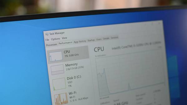 Task Manager showing CPU, Memory, Disk, and Wi-Fi Performance