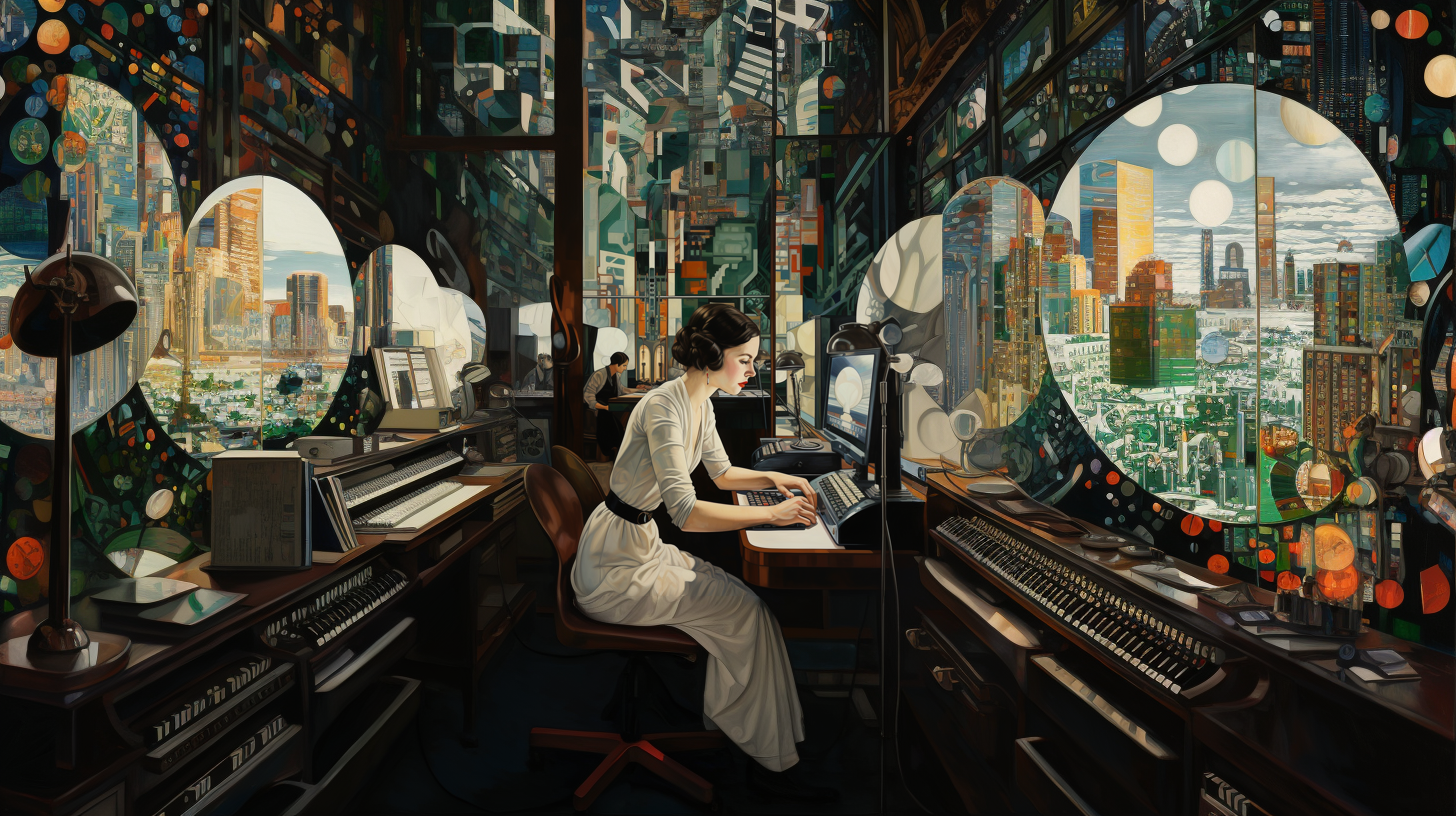 Painting of a woman typing on a typewriter surrounded by libraries and cityscapes.