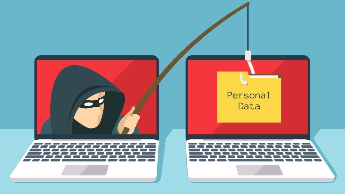 Illustration of a scammer stealing personal data from a laptop