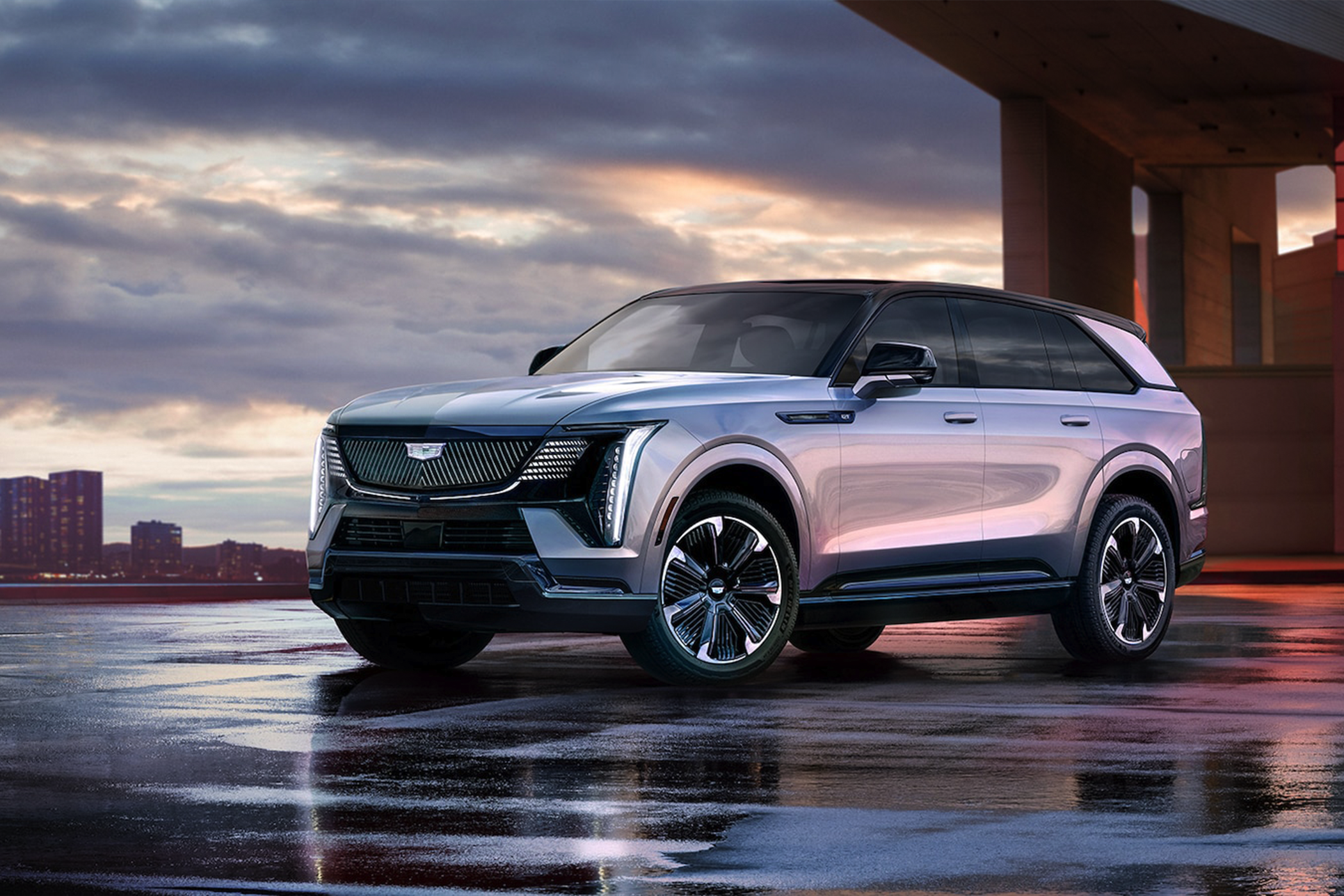 The Cadillac Escalade IQ EV on wet pavement.