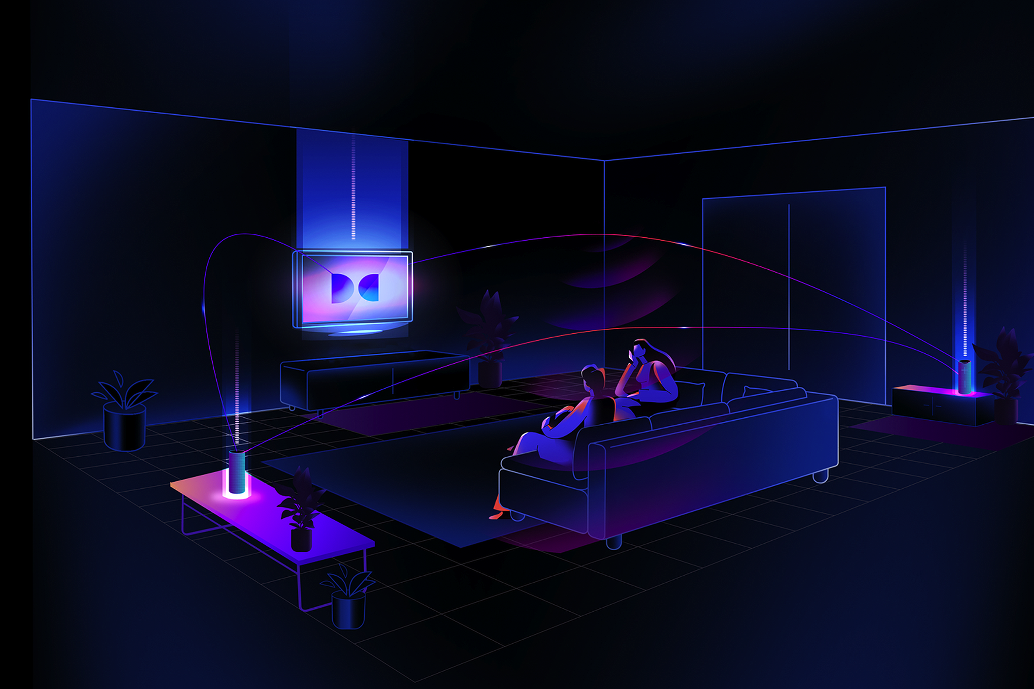 An illustration demonstrating how Dolby Atmos FlexConnect pairs wireless speakers together.