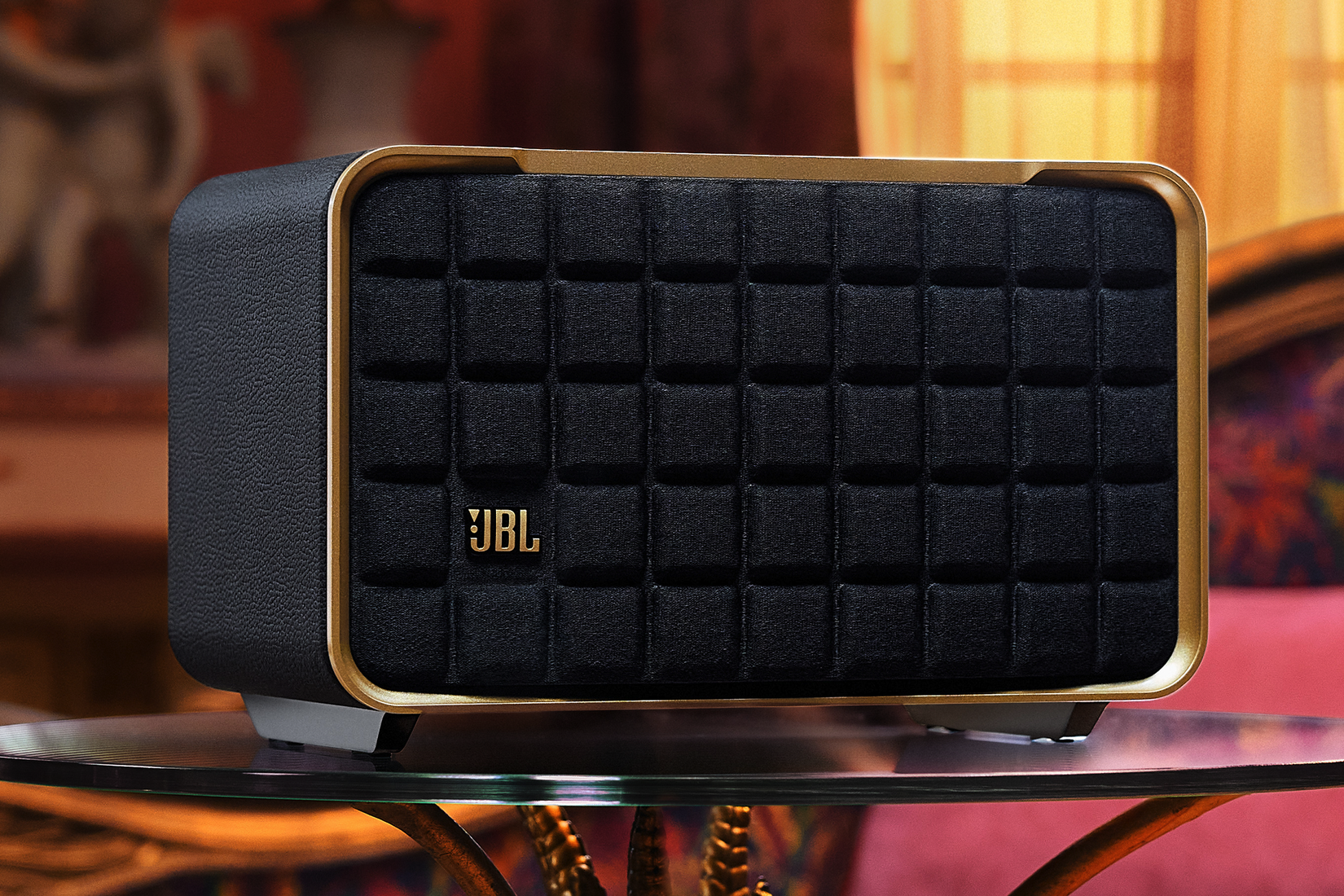 The JBL Authentics 200 smart speaker in a living room.